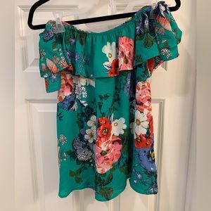 Off The Shoulder Green & Floral Top Size Medium